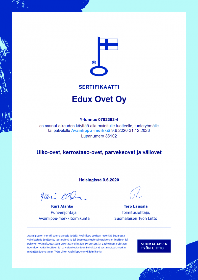 Avainlippu merkintä Edux-ovet Oy:lle